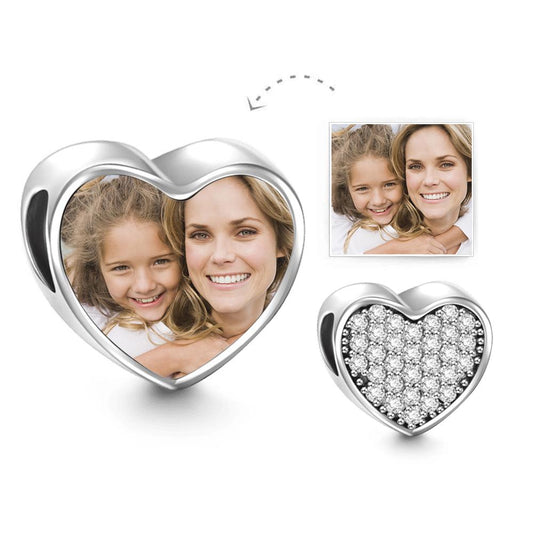 Custom Heart Photo Charm Personalized Picture Bead with Pave CZ