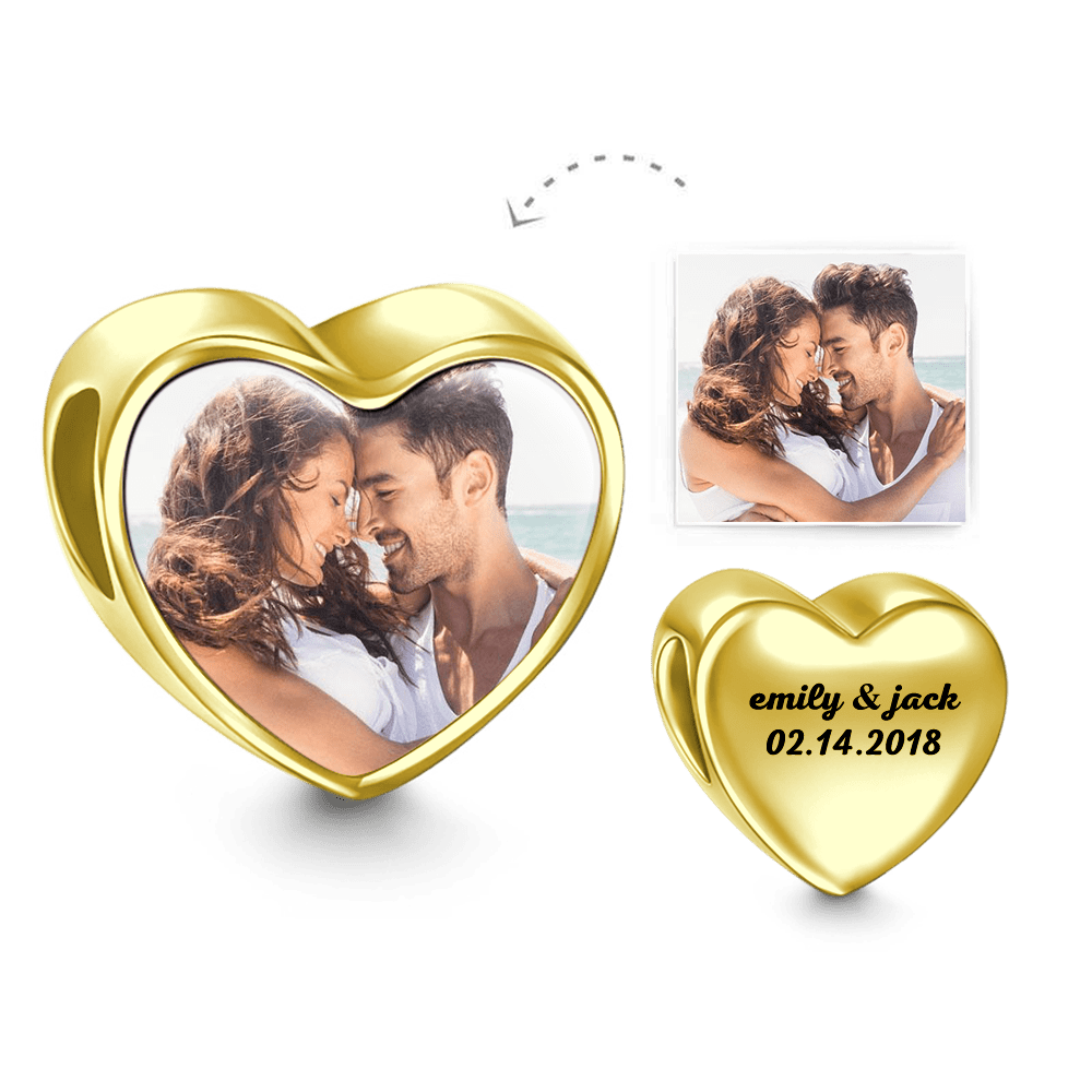 Engraved Heart Photo Charm 14k Gold Plated Silver