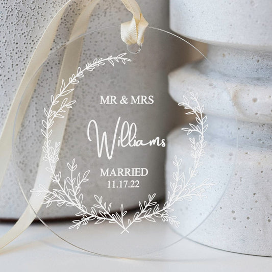 Custom Clear Acrylic Wedding Ornament with Names and Date Personalized Engaged Ornament Gift for the Couple