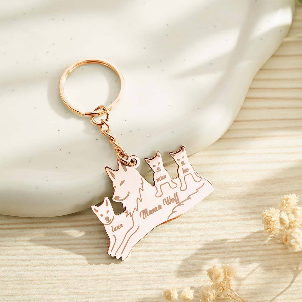 Personalized Wolf Keychain with Engraved Family Names Gift for Family