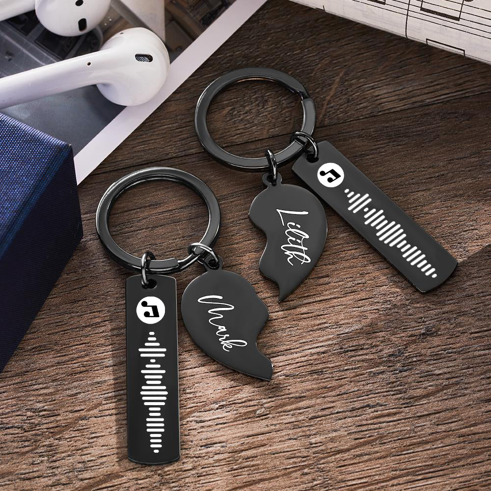 2 Personalized Heart Shape Music Code Keychain Valentine's Day Gift Engraved Name Keychain